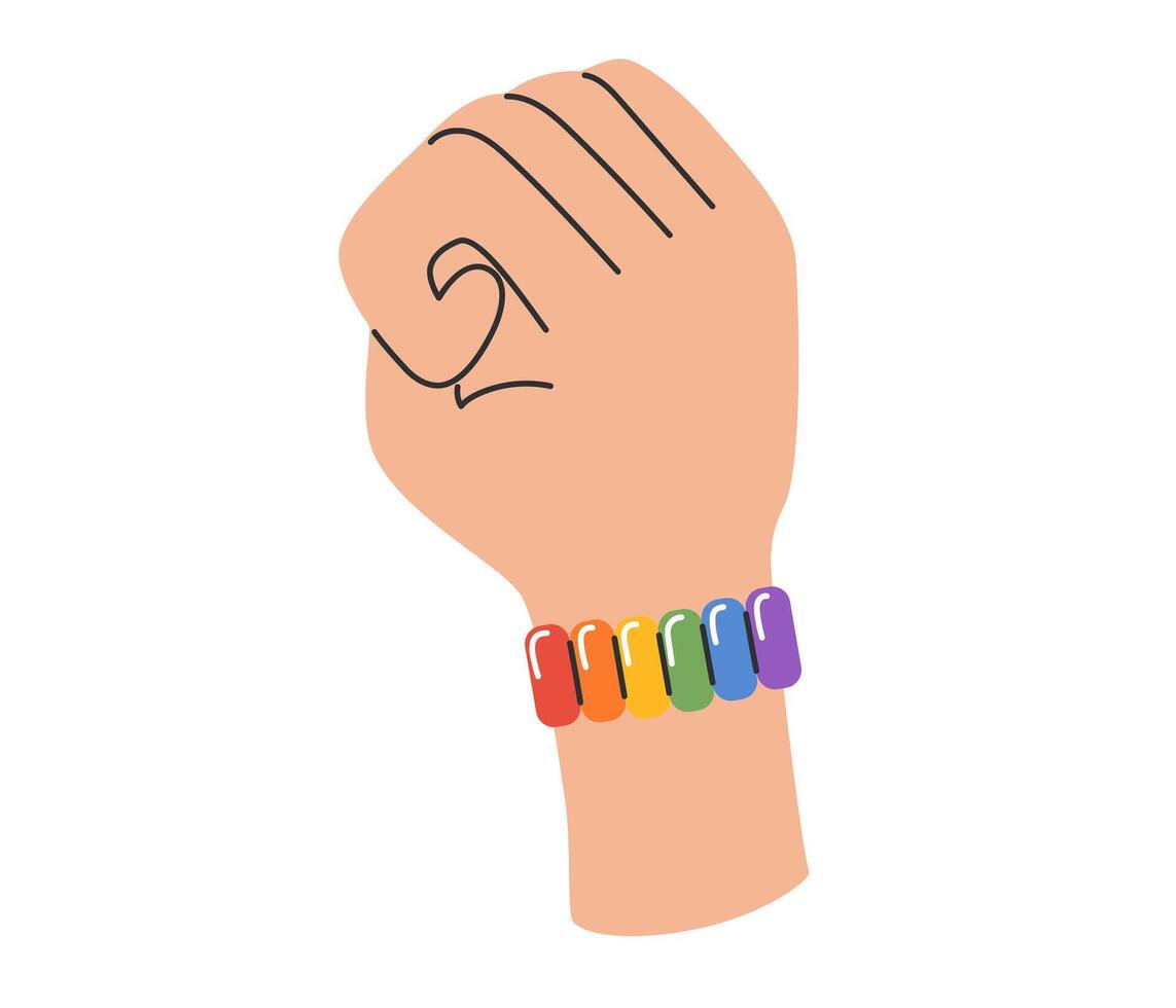 LGBT hand with rainbow bracelet. Raised fist gesture. LGBTQ pride community. Vector illustration in hand drawn style
