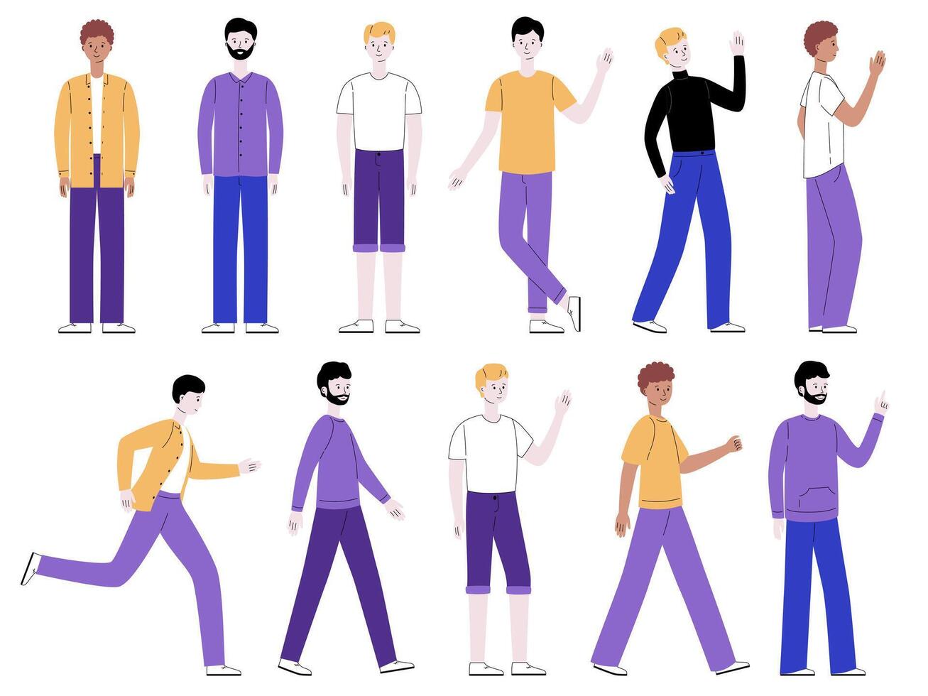 Men are standing in various postures. Collection of male casual characters. Vector illustration in modern flat style