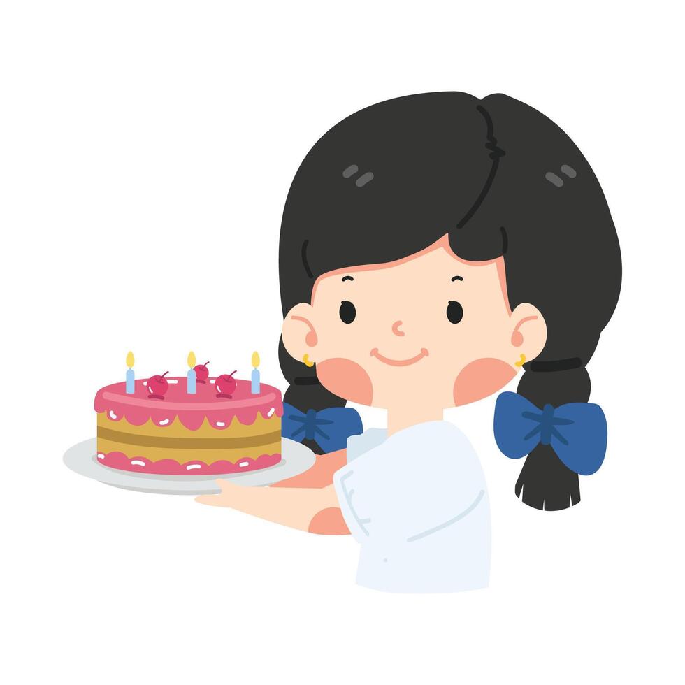 kid girl holding birthday cake cartoon vector