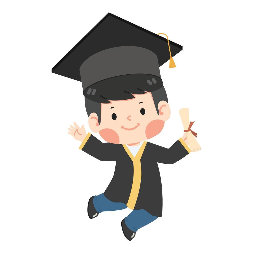 Kid boy student jump and feel happy because graduate vector