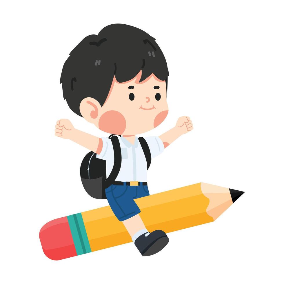 contento chico estudiante volador en lápiz espalda a colegio vector