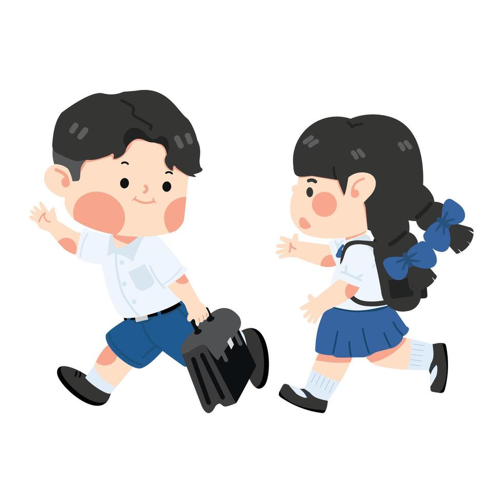 chico y niña corriendo a colegio dibujos animados vector