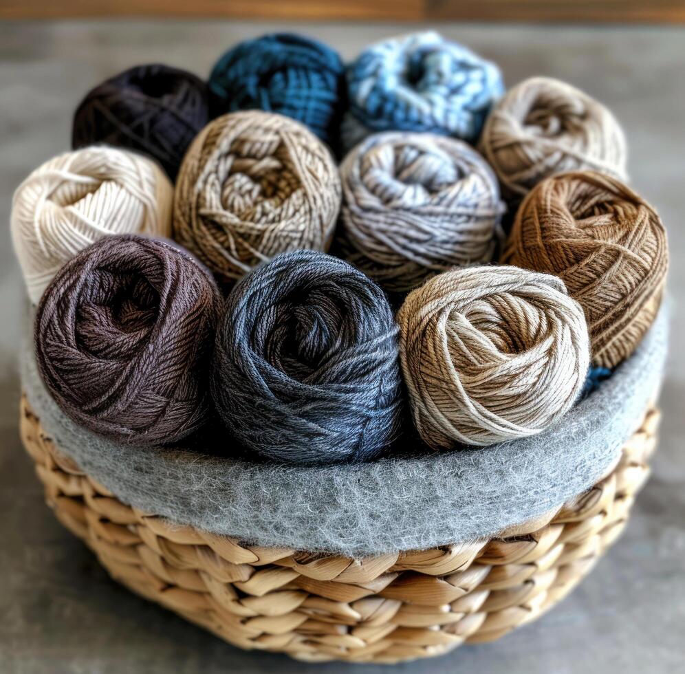 AI generated a basket of woolen yarn made of different kinds of yarns photo