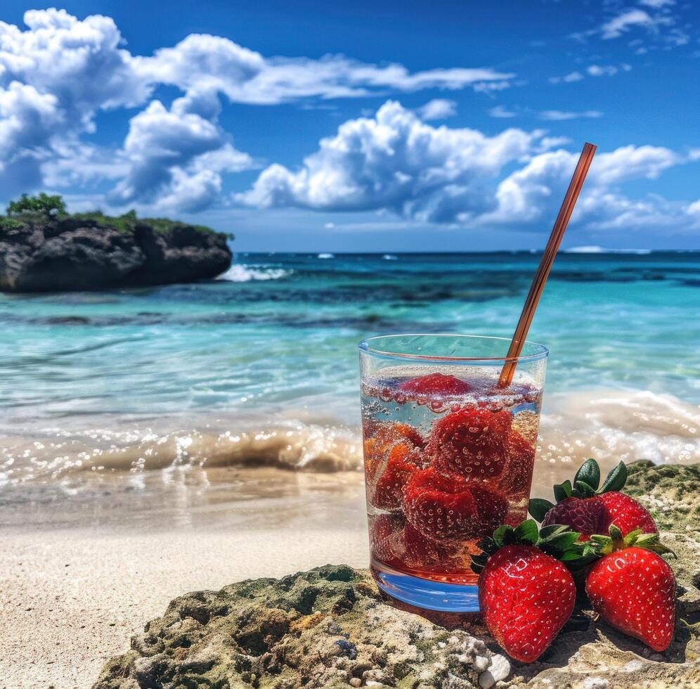 ai generado un bebida con dos fresas a el playa y un Paja foto