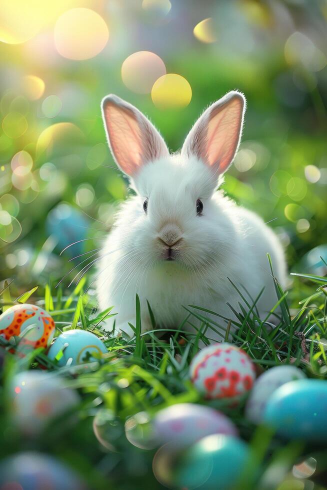 AI generated Easter background with a white fluffy bunny sitting in the green grass photo