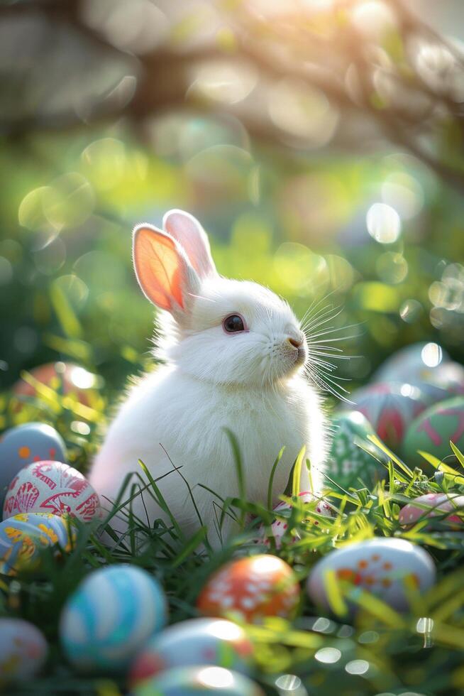 AI generated Easter background with a white fluffy bunny sitting in the green grass photo