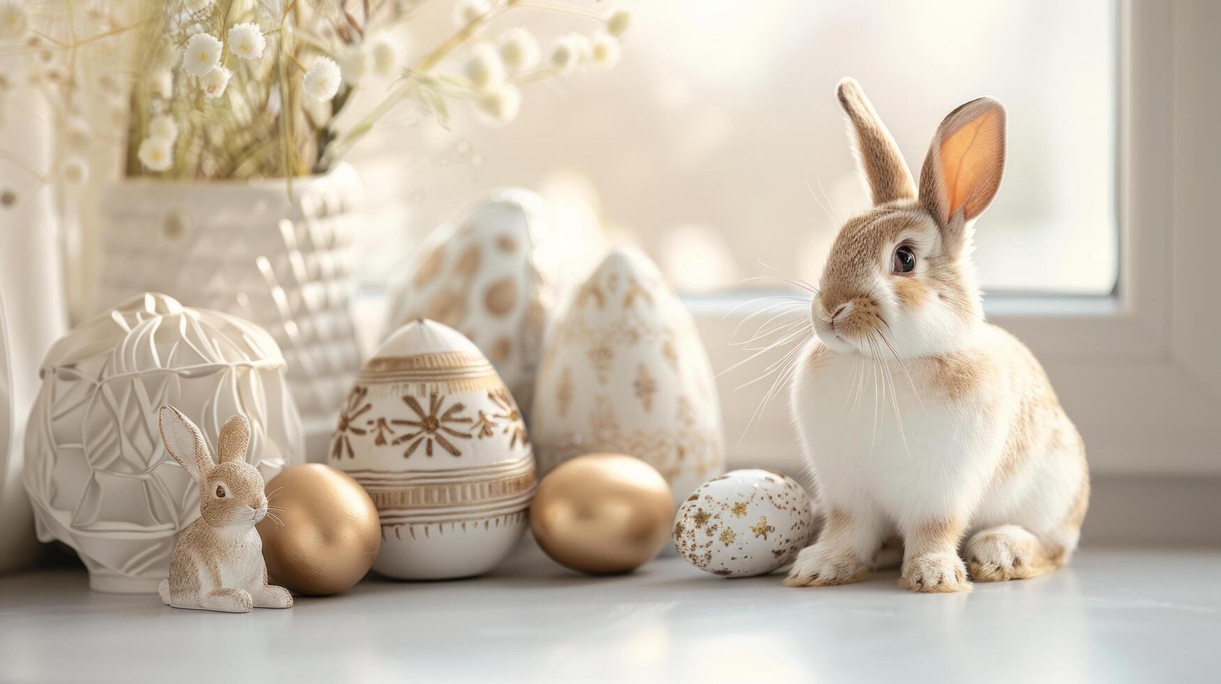 AI generated Easter decoration with rabbit and eggs and copy space. photo