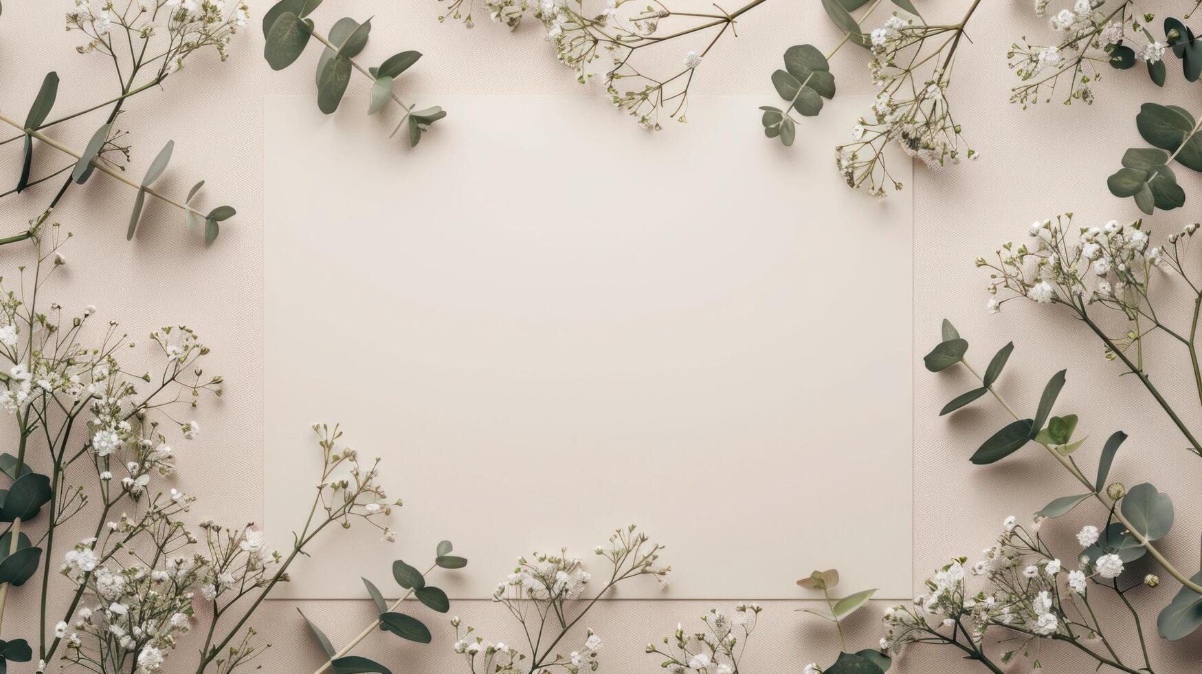 AI generated Mockup of a wedding invitation card featuring natural eucalyptus and white gypsophila plant twigs. The blank card mockup is set against a beige background. photo