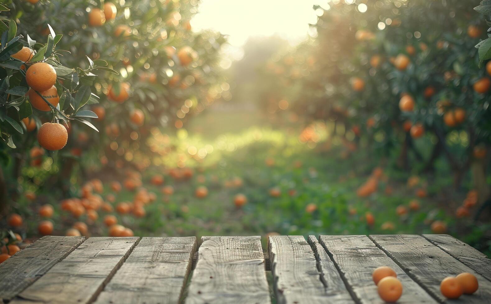 AI generated a wooden table in an orange orchard photo