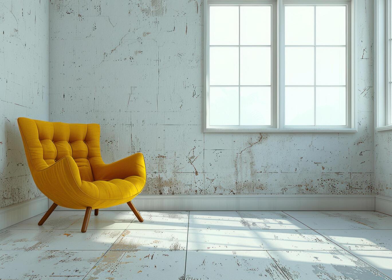 AI generated an empty white room with yellow chair photo