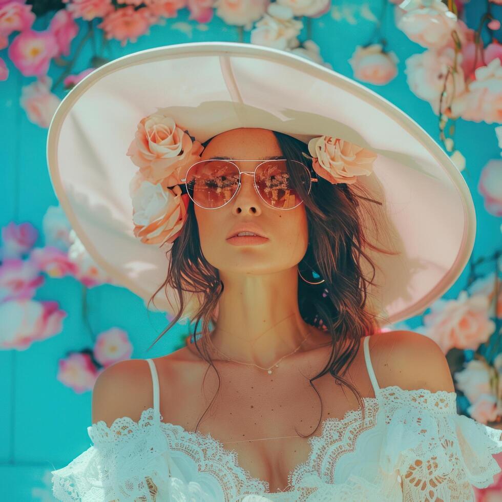 AI generated a woman wearing sunglasses and white dress and a large hat photo