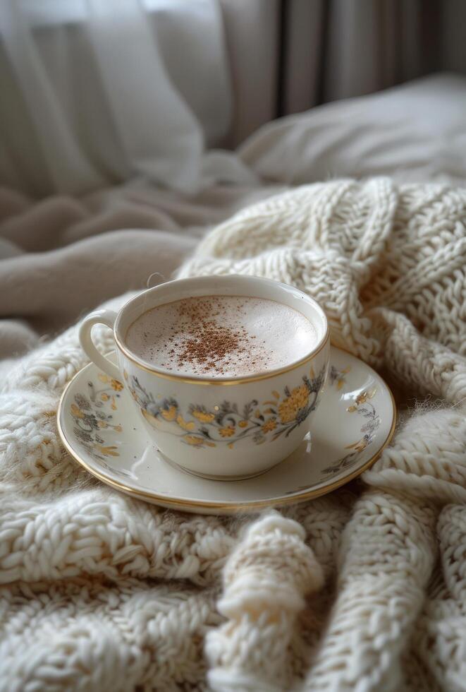 AI generated hot cocoa over a white blanket photo