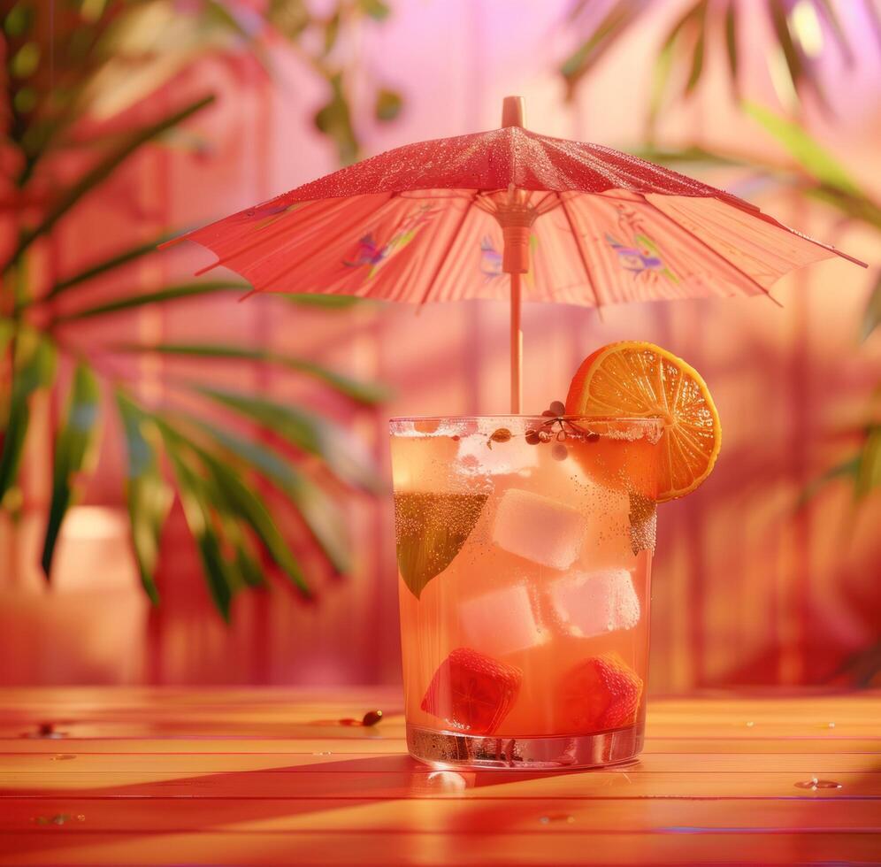 AI generated cocktail and fruit drink under an umbrella on wooden table photo