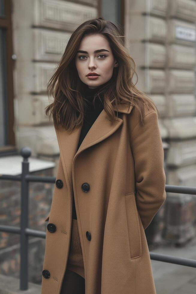 AI generated elegant woman wearing tan coat and tights photo