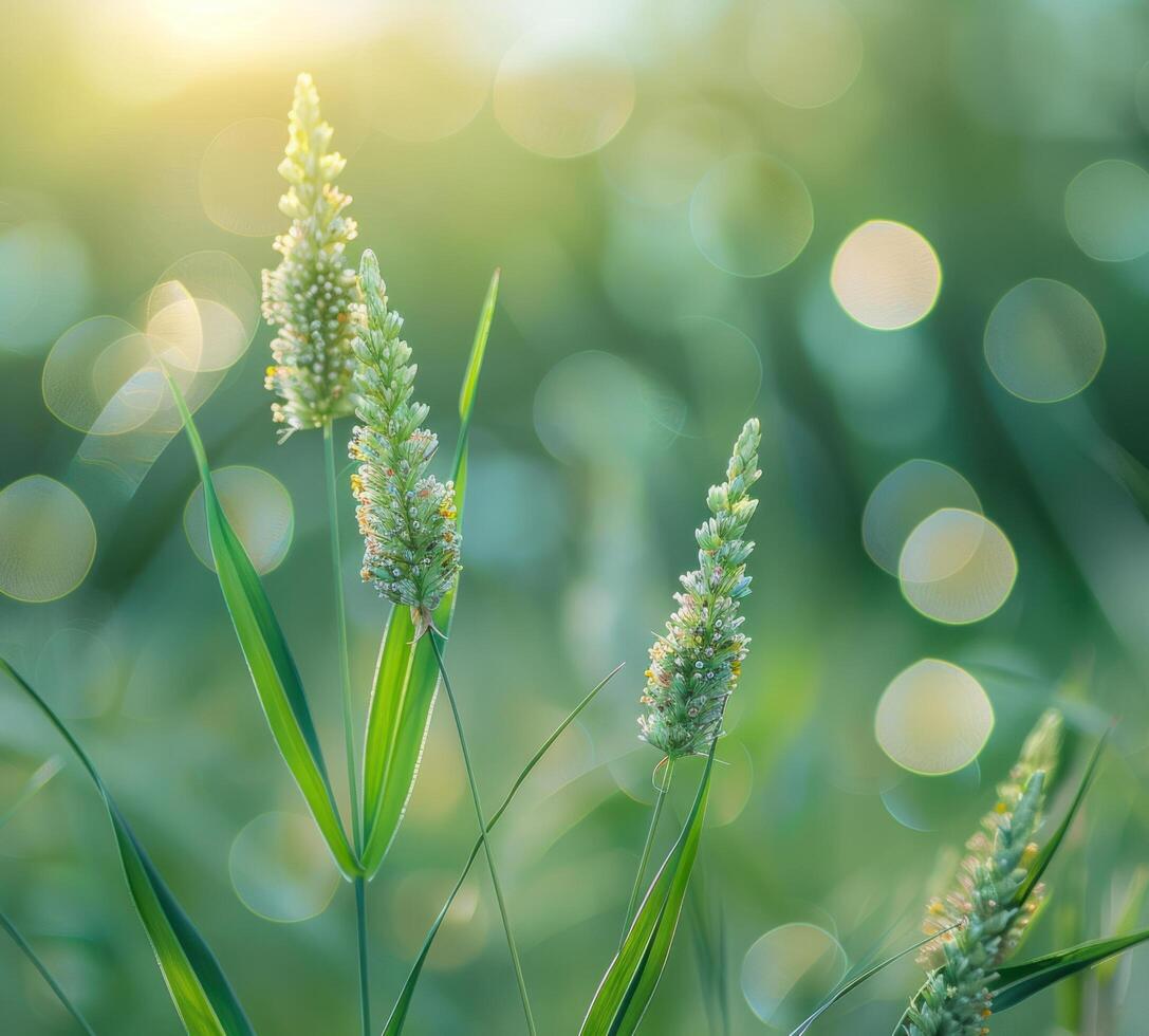 AI generated image of green grass and bokeh background, light green and light gray, light teal and light white photo