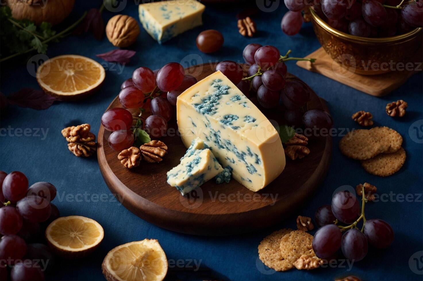 AI generated Dorblu cheese on a wooden board decorated with juicy grapes on a dark blue tablecloth. photo