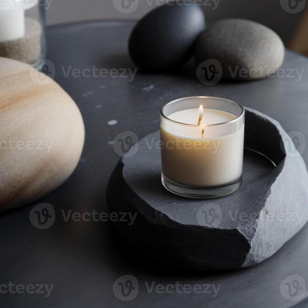 AI generated Close-up of a burning wax candle standing on a decorative gray  stone. photo