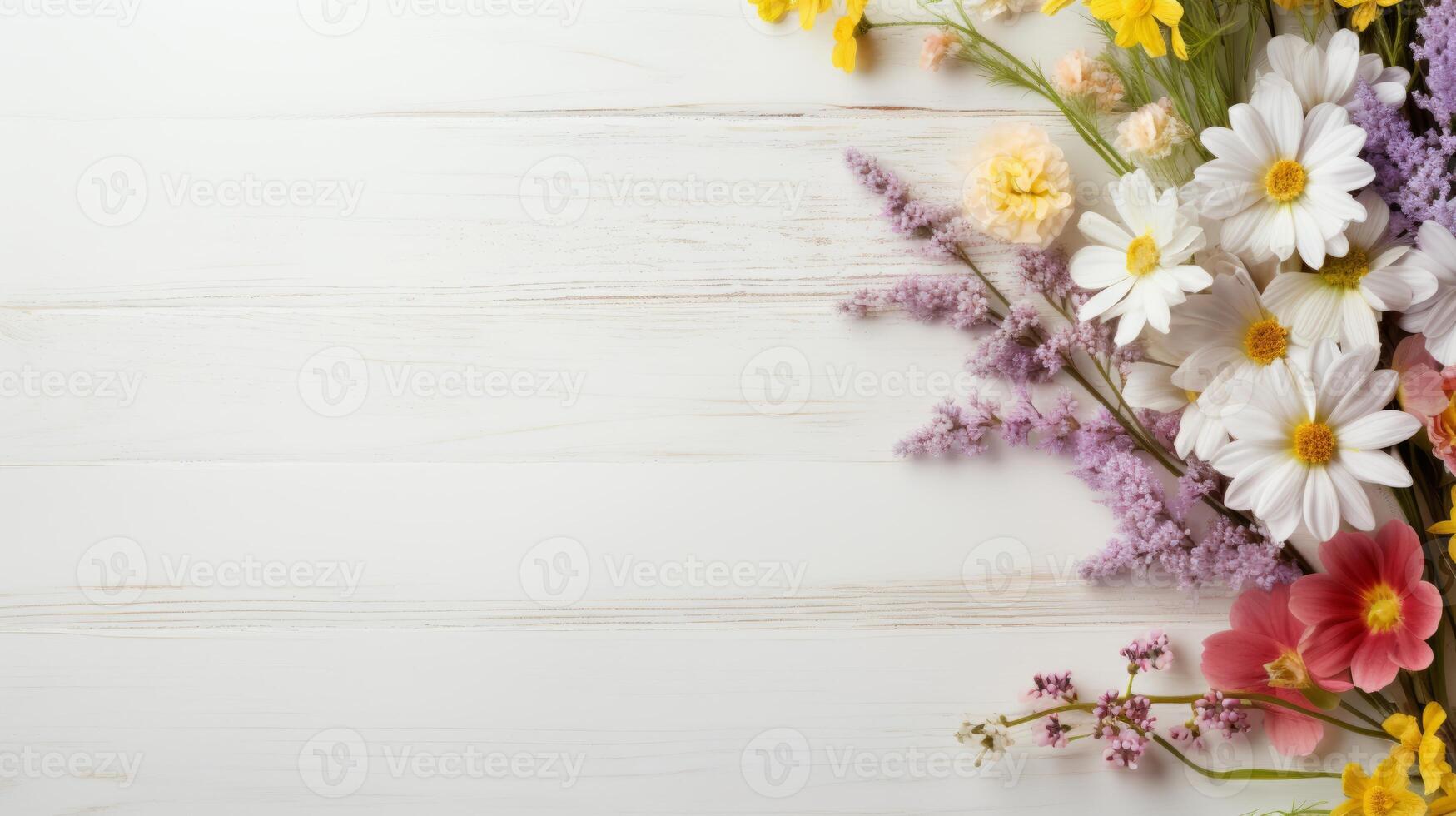 AI generated Pretty spring flowers on white wooden background with copy space for your design. Spring background concept photo