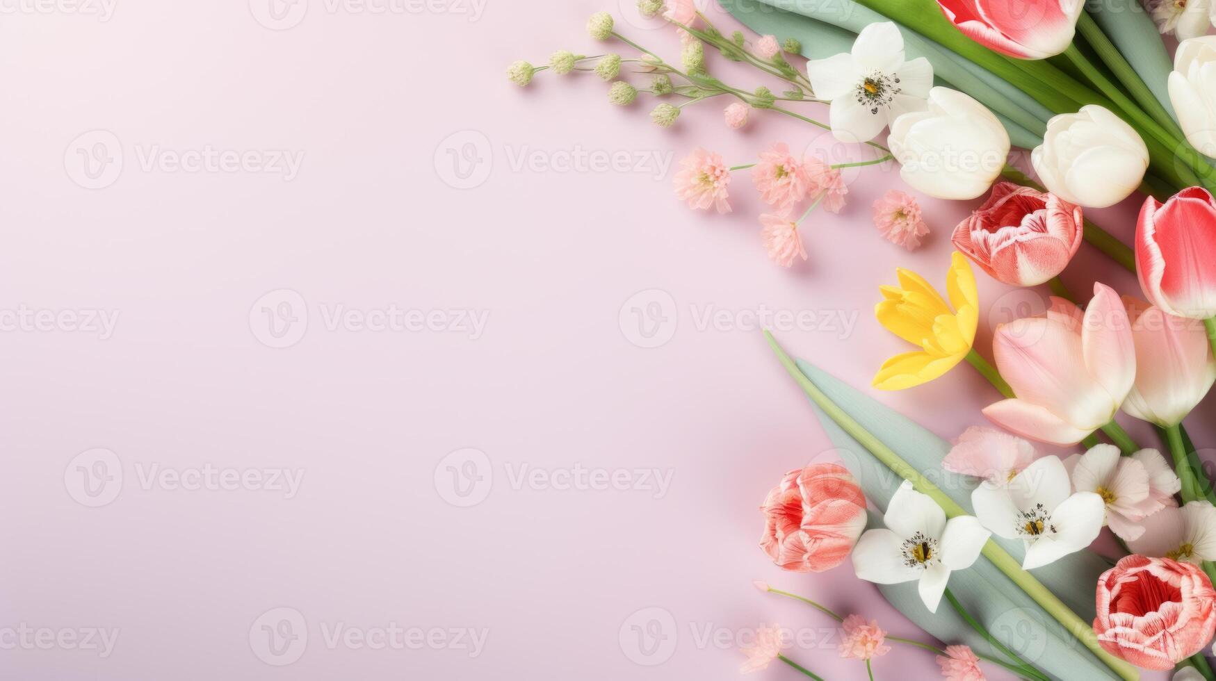 AI generated Pretty spring flowers on pastel background with copy space for your design. Springtime holidays and spring background concept photo