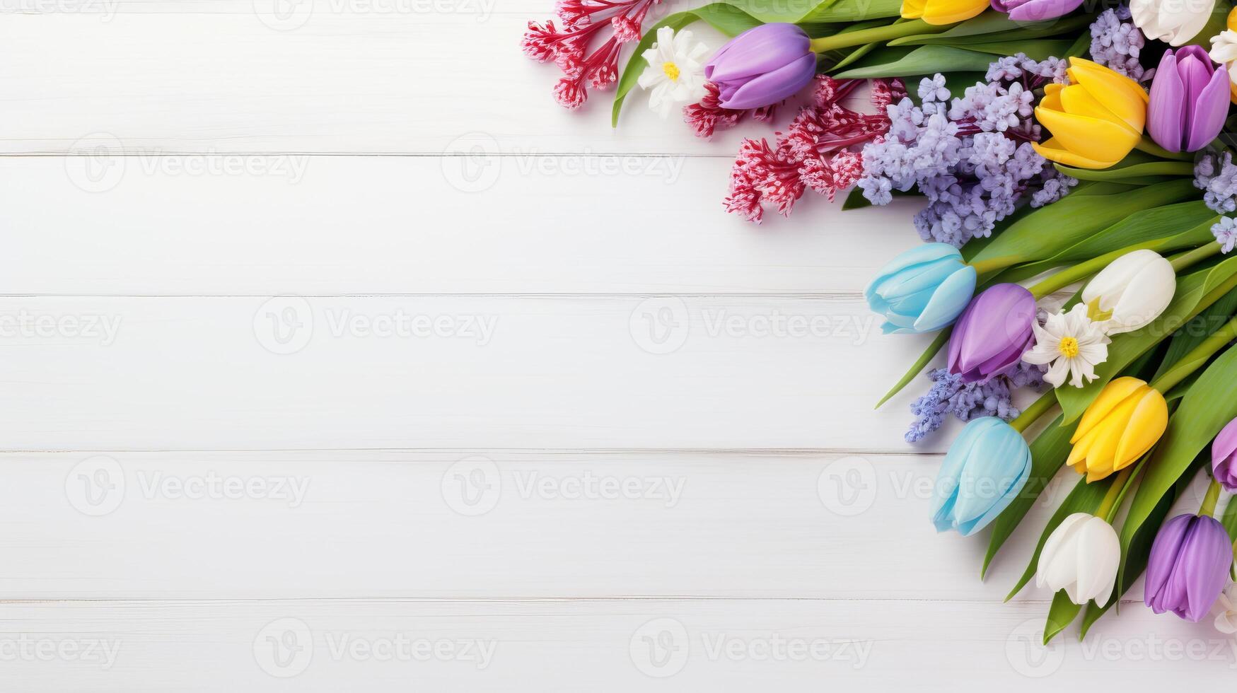 AI generated Pretty spring flowers on white wooden background with copy space for your design. Spring background concept photo