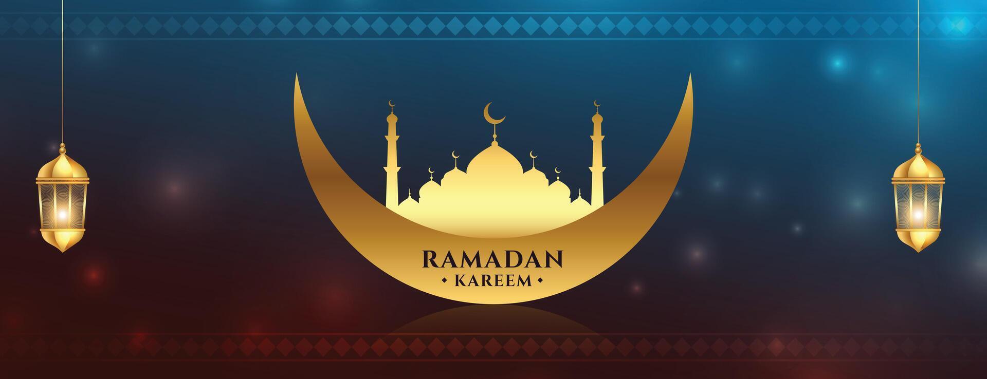 Ramadán kareem bendición bandera con dorado mezquita y Luna vector