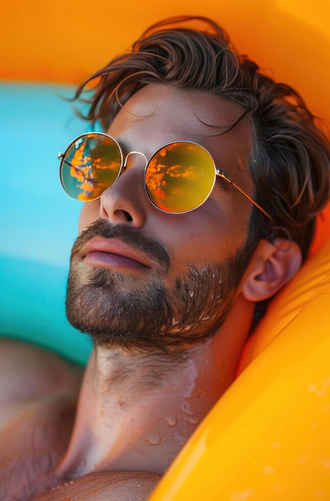 ai generado un hombre vistiendo Gafas de sol con un amarillo piscina flotador foto