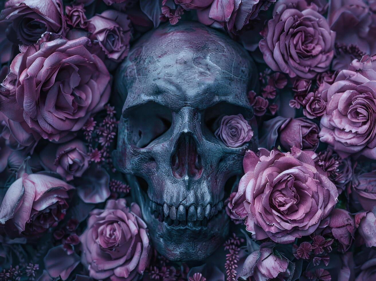 AI generated a skull is surrounded by purple roses photo