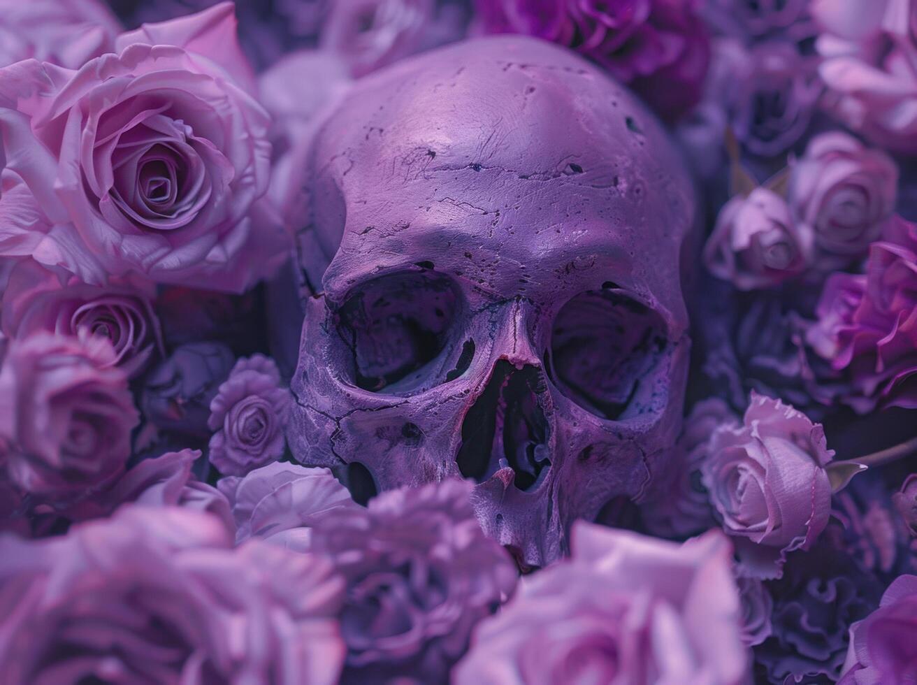 AI generated a skull is surrounded by purple roses photo