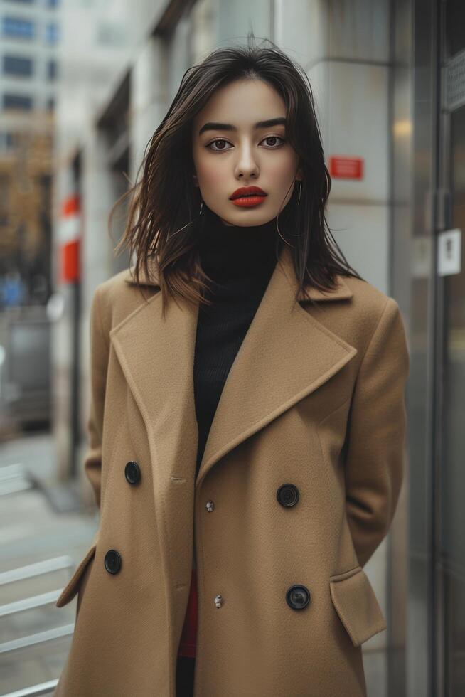 AI generated elegant woman wearing tan coat and tights photo