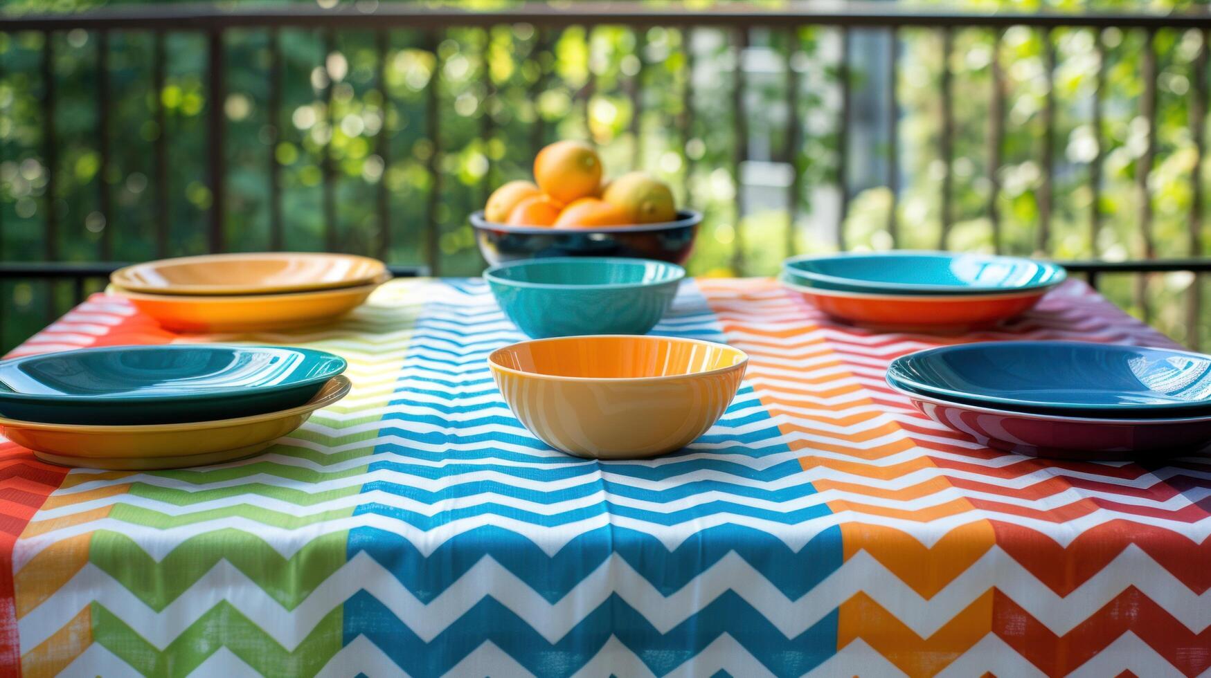 AI generated Vibrant tableware on a chevron-patterned tablecloth, outdoor setting. photo