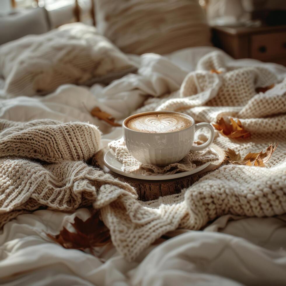 AI generated autumn leaves, cup of coffee and knitted scarf on bed photo