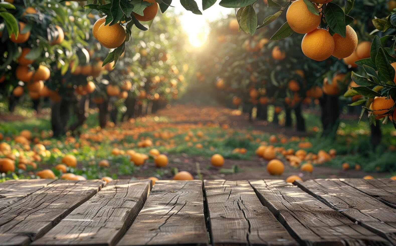 AI generated a wooden table in an orange orchard photo