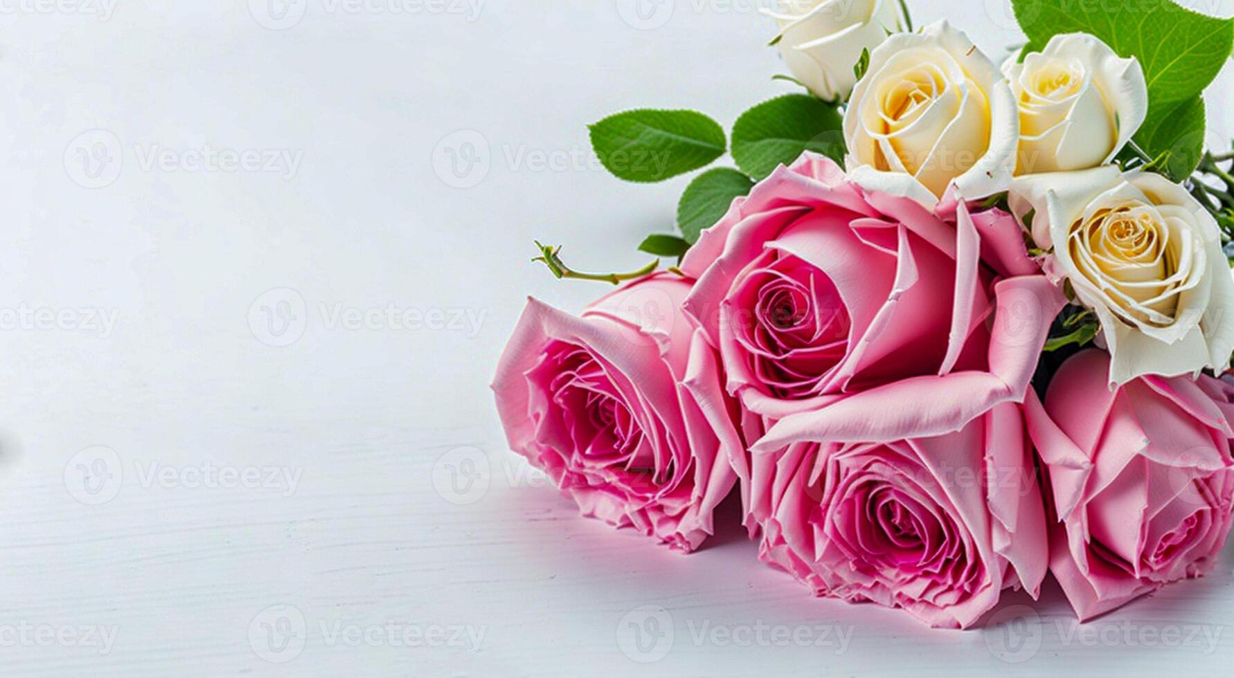 AI generated Beautiful bouquet of fresh roses, on a white background, space for text. photo