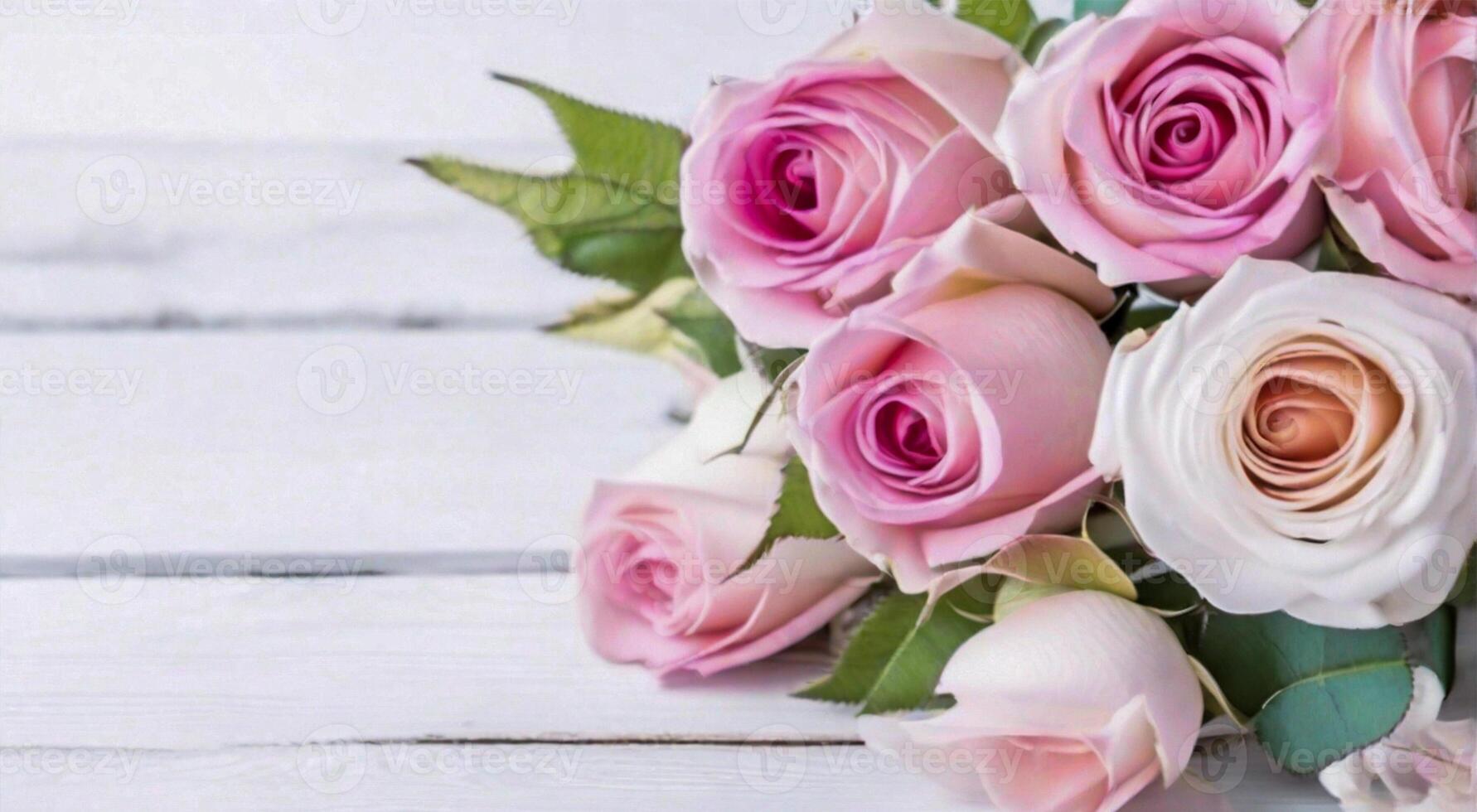 AI generated Beautiful bouquet of fresh roses, on a white background, space for text. photo