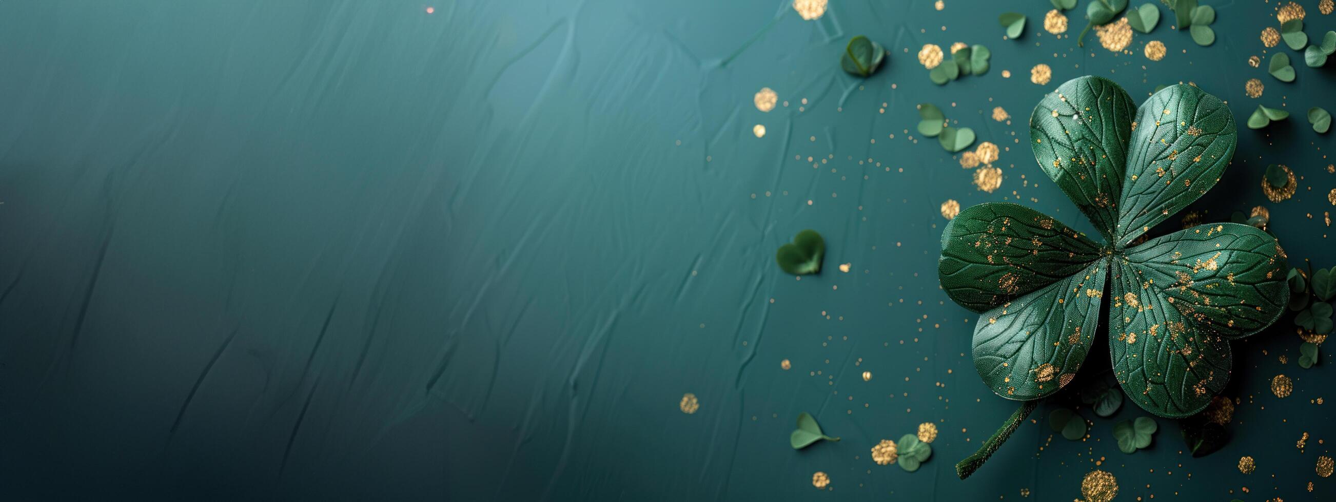 AI generated Patrick's Day card template featuring a green four-leaf clover on a green background photo