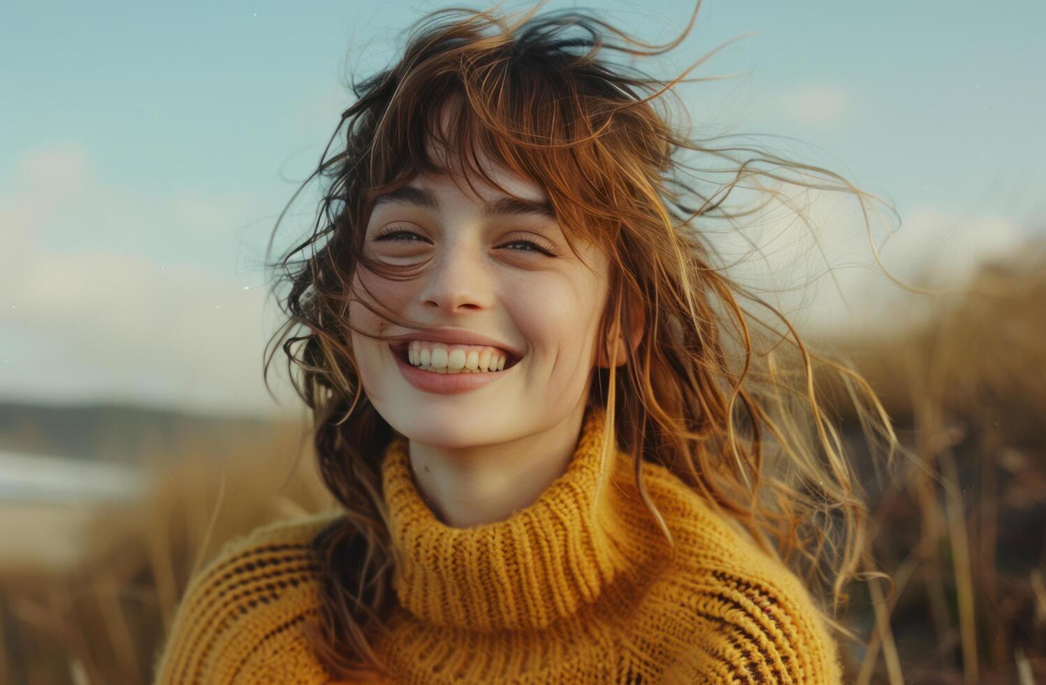 AI generated young woman dressed in yellow sweater laughing in front of camera photo