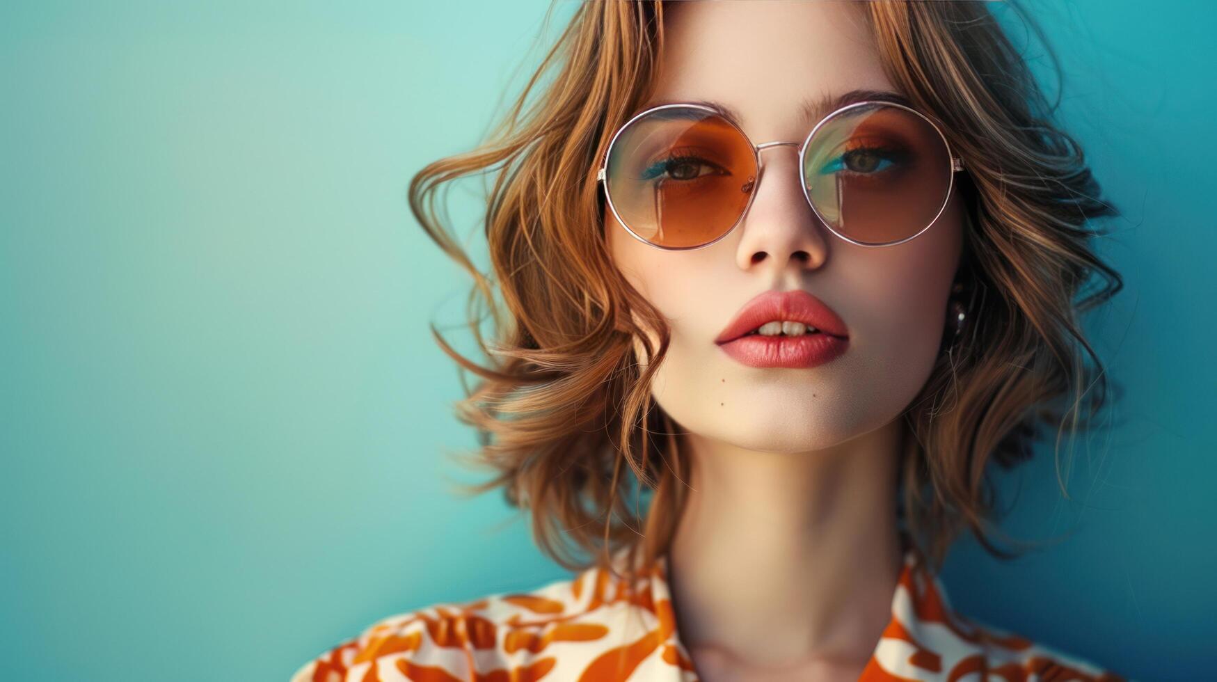 AI generated Vibrant summer image featuring a stylish young woman wearing sunglasses photo