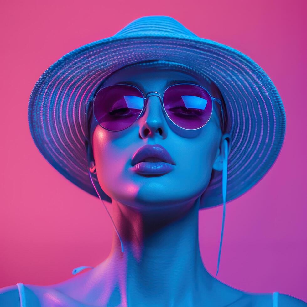 AI generated mannequin on pink background in sunglasses, in the blue evening in summer hat photo