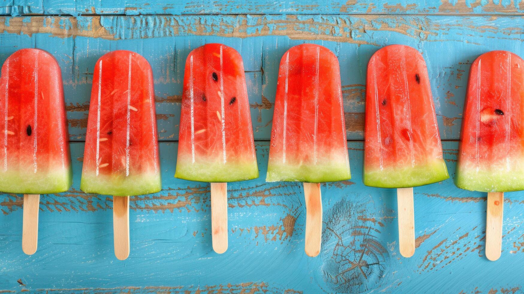 AI generated Watermelon slice popsicles displayed on a rustic blue wood background photo