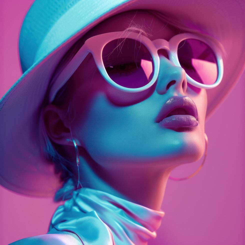 AI generated mannequin on pink background in sunglasses, in the blue evening in summer hat photo