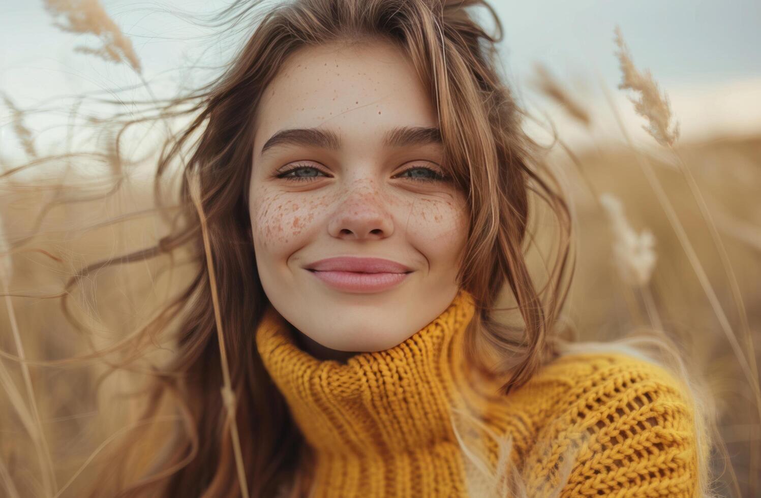 AI generated young woman dressed in yellow sweater laughing in front of camera photo