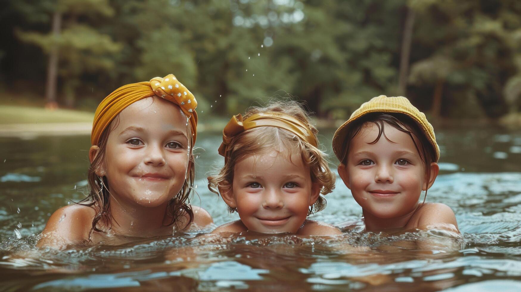 ai generado Tres adorable joven muchachas disfrutar nadando en el lago foto