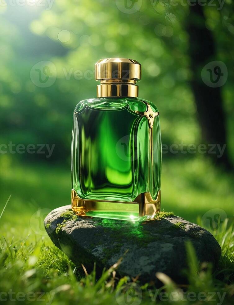 AI generated Bottle of perfume stands on stone, stone lies on green grass. photo