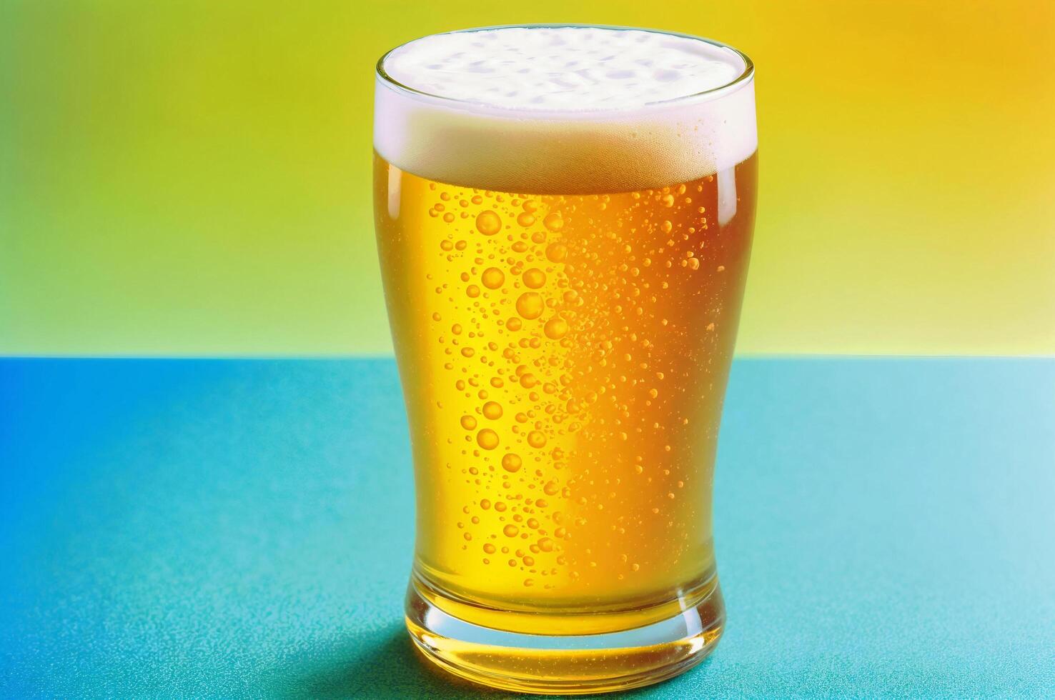 AI generated Glass of beer close-up on colorful bright blurred background. Place for text. photo