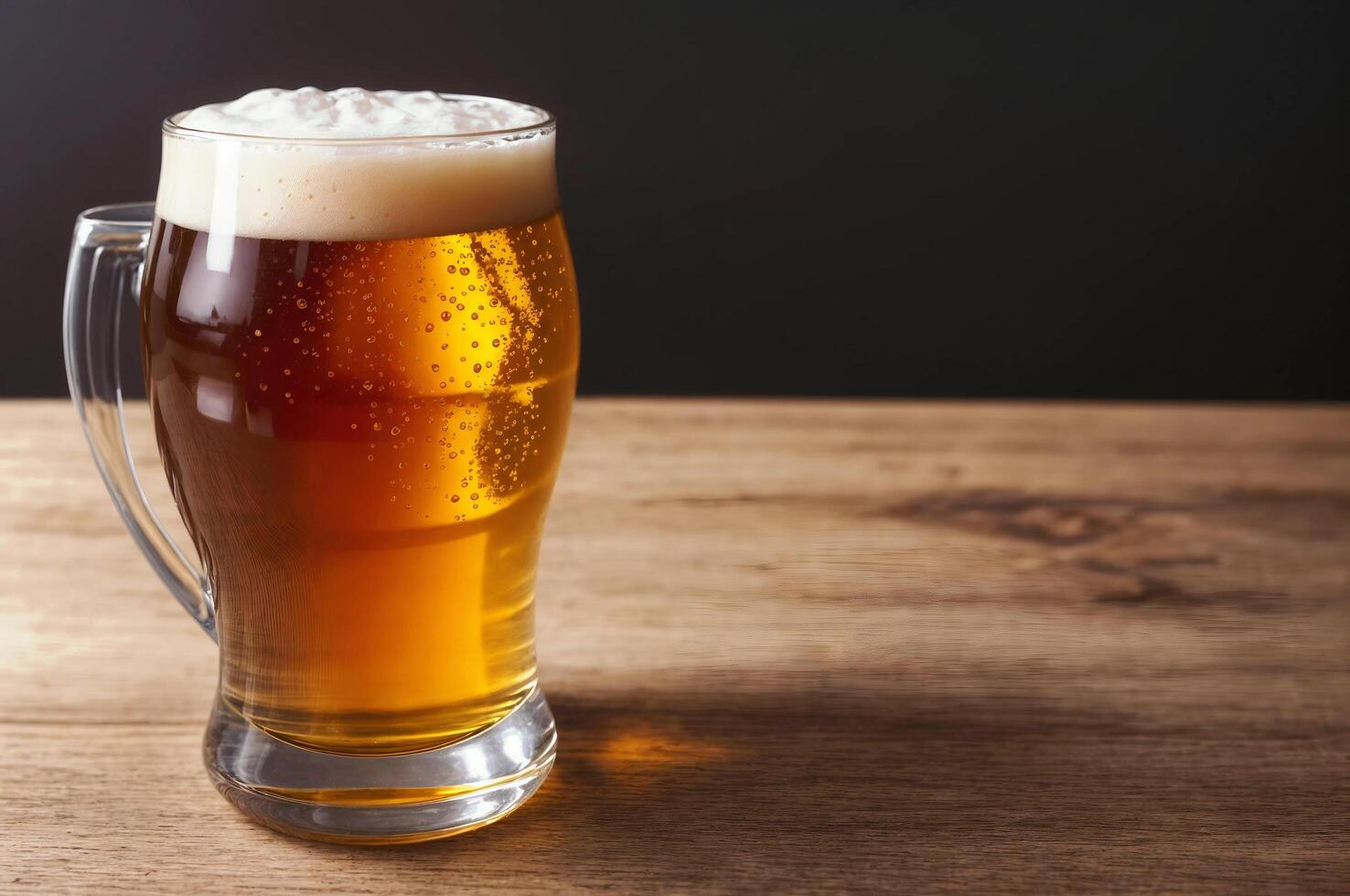 AI generated Beer mug close-up on dark brown wooden background. photo