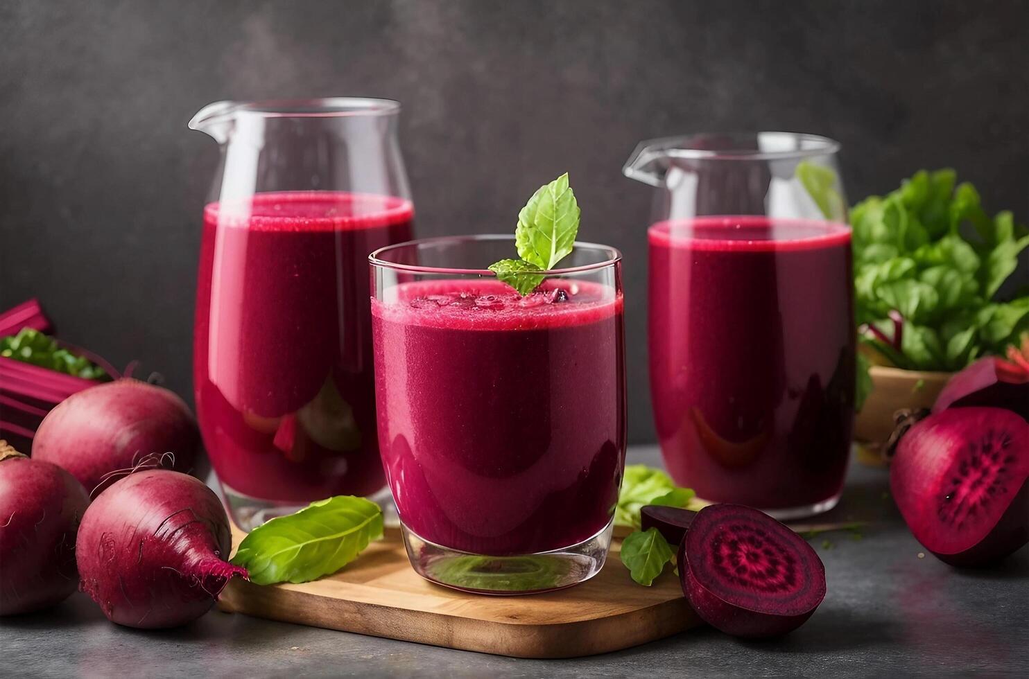 AI generated Red beet juice in a glass cup on the wooden table. photo