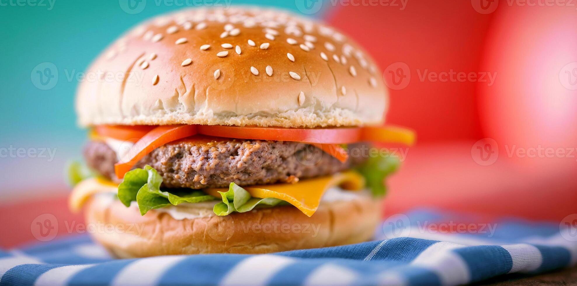 AI generated Close-up of burger on blurred bokeh background. Space for text. photo