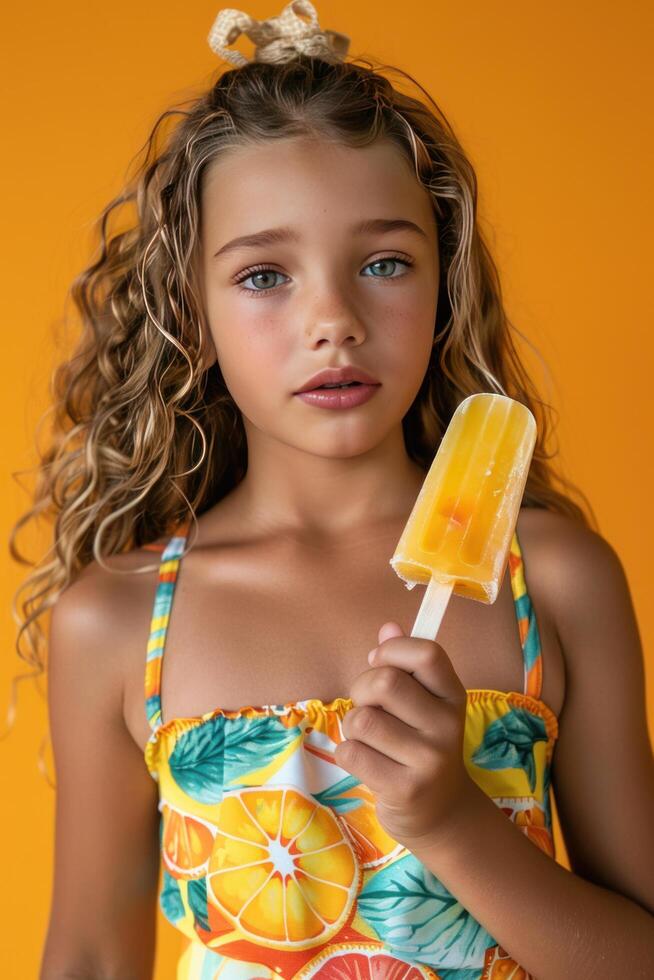ai generado un encantador joven niña en un verano traje de baño sostiene un encantador Fruta hielo popular en contra un naranja antecedentes foto
