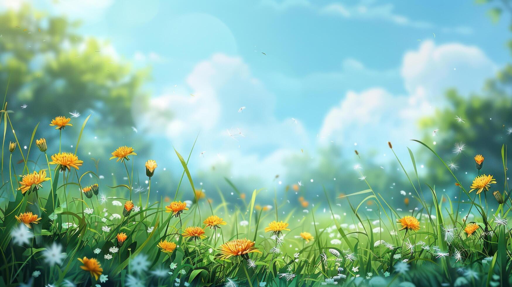 AI generated A charming meadow filled with vibrant green grass and yellow dandelion flowers photo