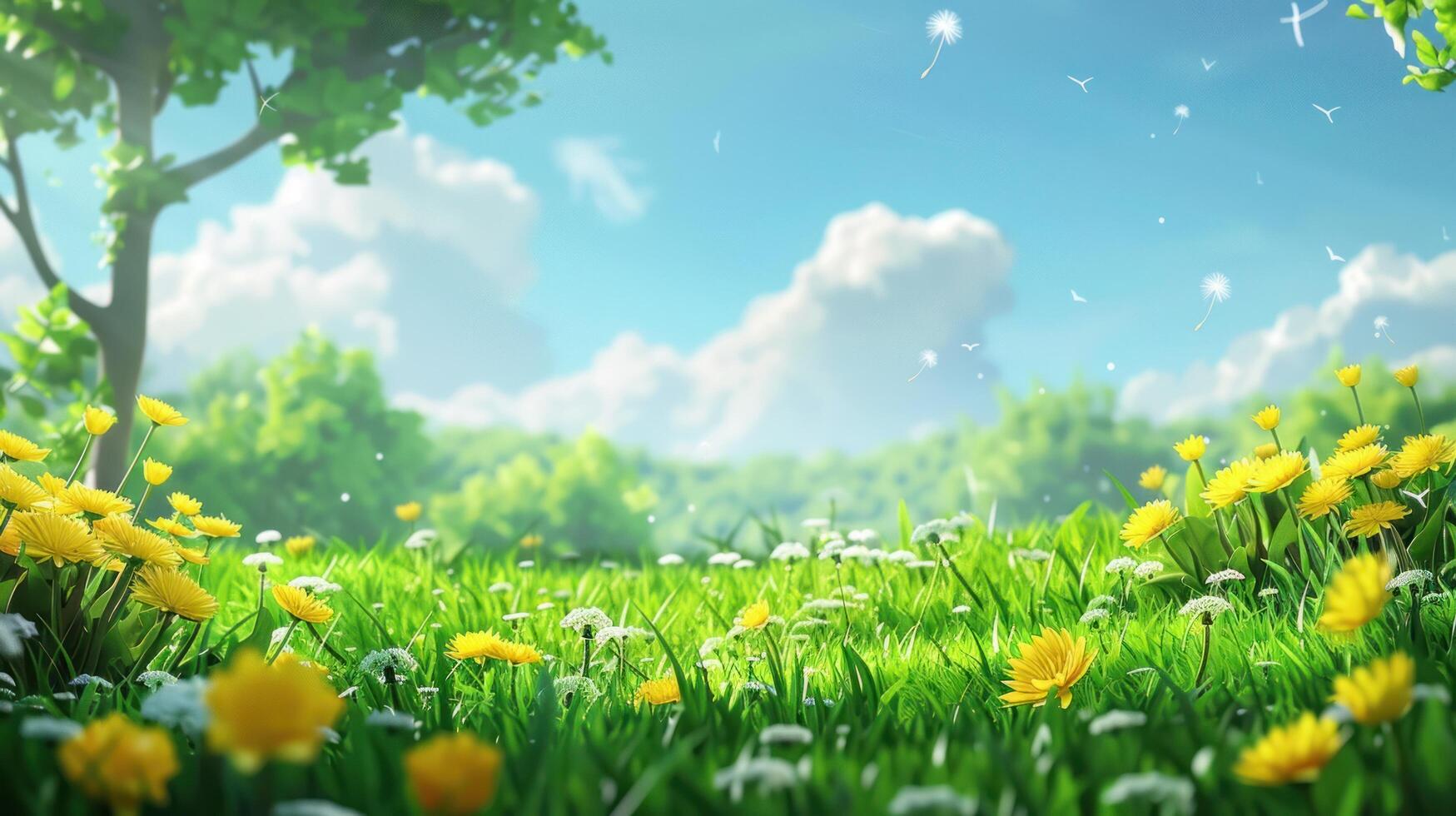 AI generated A charming meadow filled with vibrant green grass and yellow dandelion flowers photo